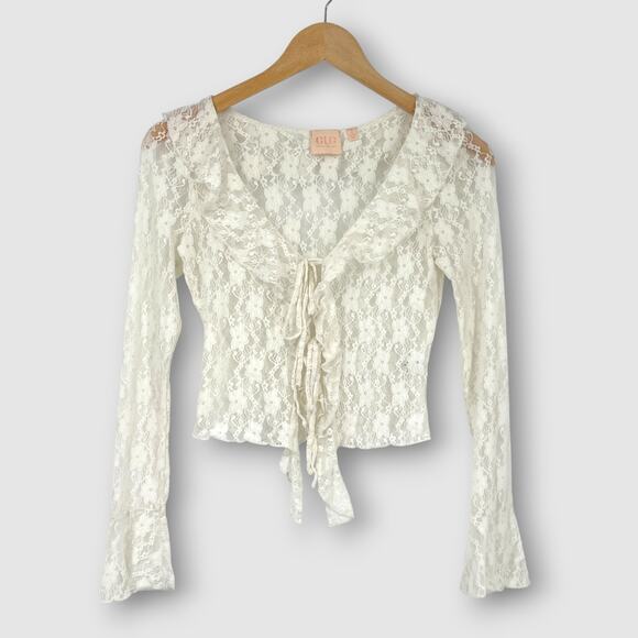 Good Luck Gem Ivory Lace Tie Front Long Sleeve Coquette Top Size Small - Picture 1 of 7